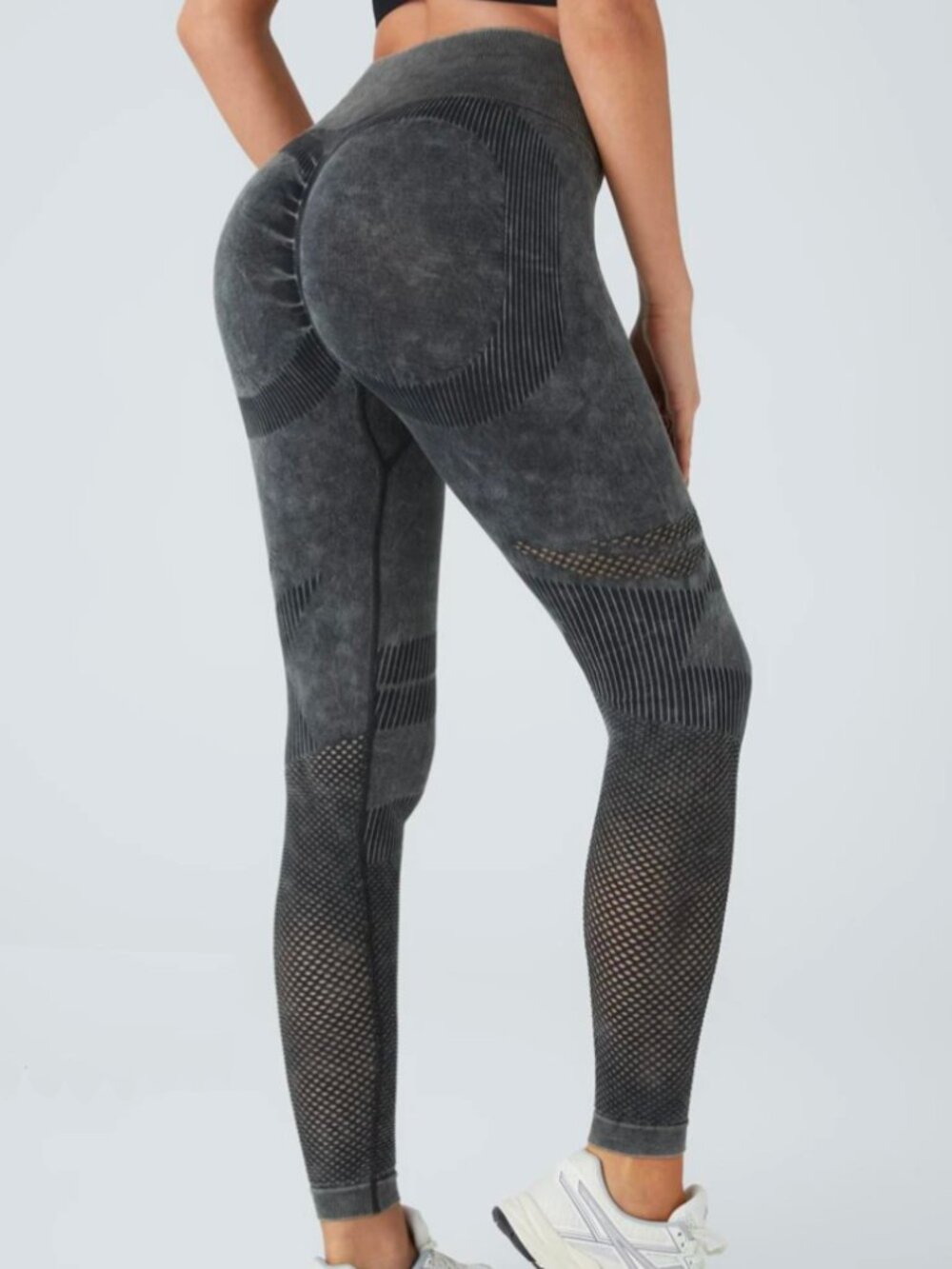High-waisted Charcoal Grey Acid Wash Tie-dye Yoga Workout Butt-lifting Cutout